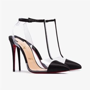 CHRISTIAN LOUBOUTIN Nosy Strass 100 black satin T-strap pumps SIZE 38